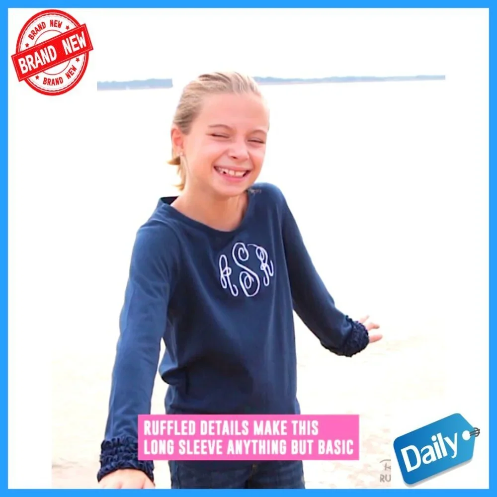 Girls Long Sleeve Knit Layering Tee Ruffle Detail Stretchy Cotton
